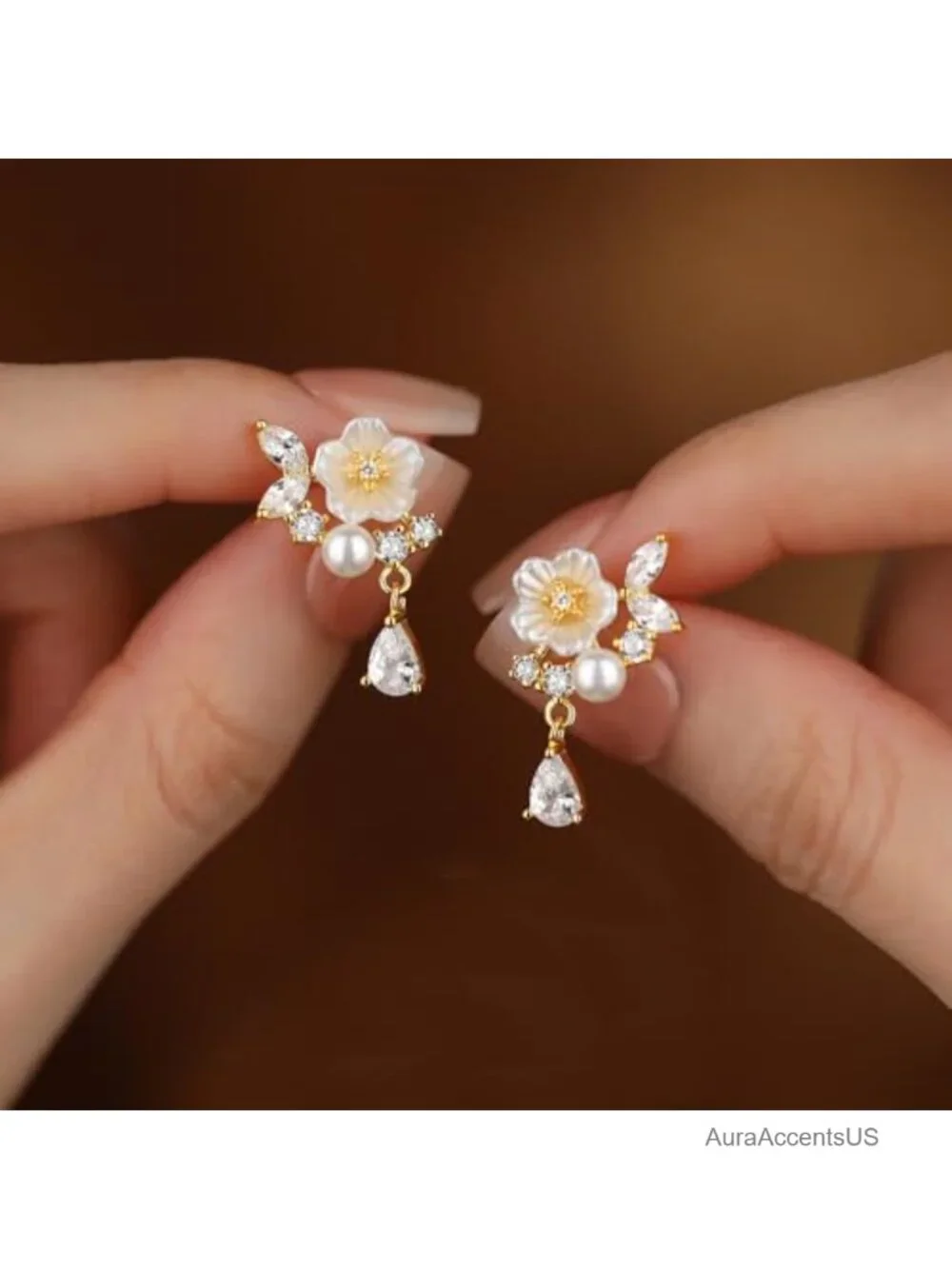 Gold Tone Flower Pearl Drop Earrings Sparkly CZ Dangle Wedding Jewelry